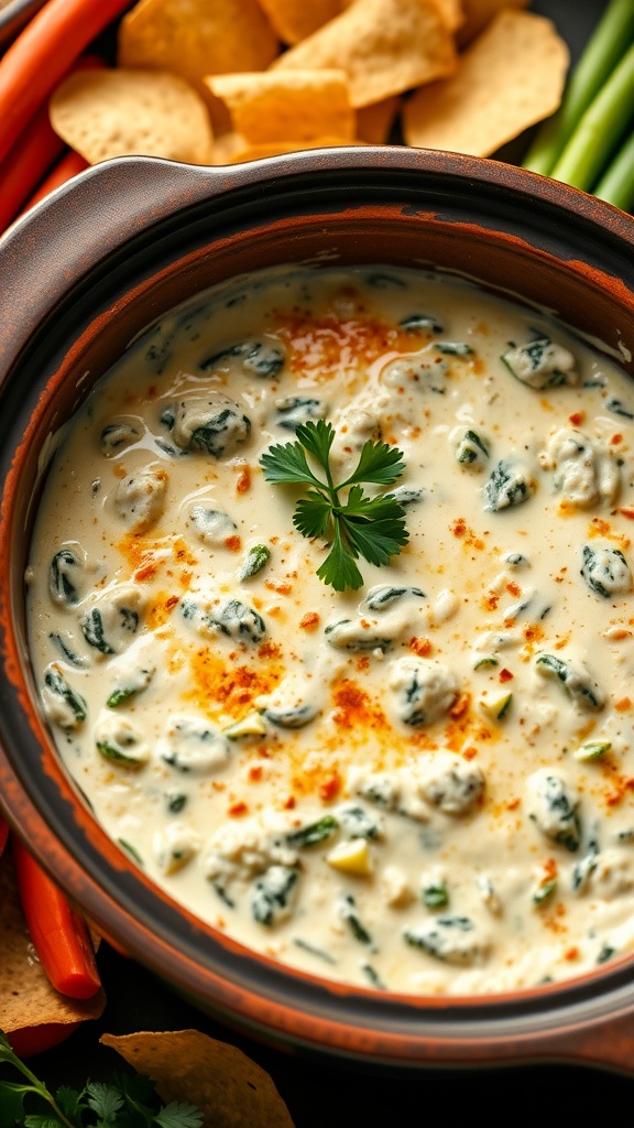 Creamy spinach and artichoke dip in a crockpot with tortilla chips and vegetables around it.